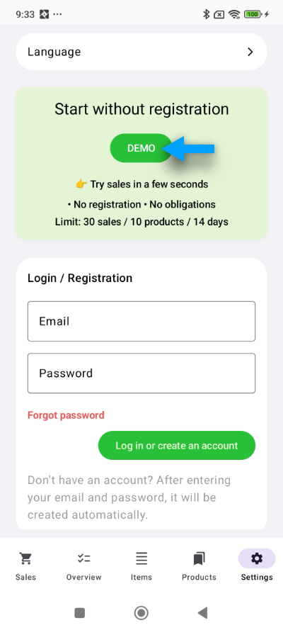 Primeiro login / Demo