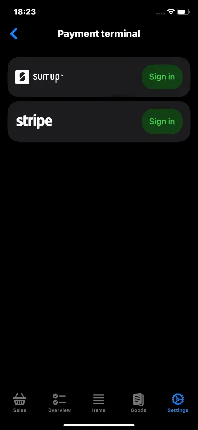 Terminal SumUp / Stripe – Início de sessão