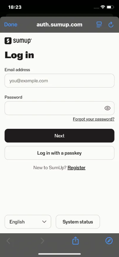 Terminal SumUp / Stripe – Início de sessão